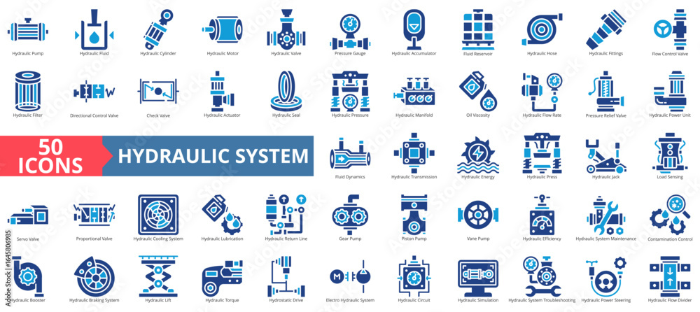 Fototapeta premium Hydraulic systemicon set flat style collection. Containing pump, fluid, cylinder, motor, valve, pressure gauge, accumulator, flow control, fittings, flow control.
