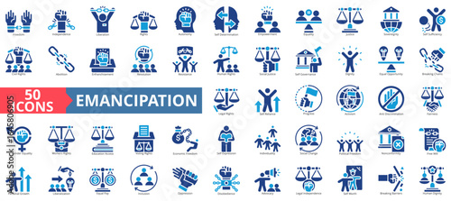 Emancipationicon set flat style collection. Containing freedom, independence, liberation, rights, autonomy, self determination, empowerment, equality, justice.