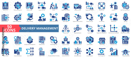 Delivery managementicon set flat style collection. Containing plan, target, supply chain, risk, carrier, software, contract, visibility, team, inspection, logistics.