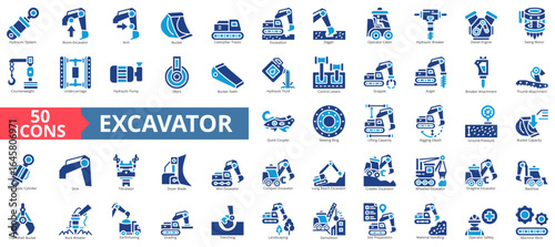 Excavatoricon set flat style collection. Containing hydraulic system, boom , excavator, arm, bucket, caterpillar tracks, excavation, digger, operator cabin, breaker.