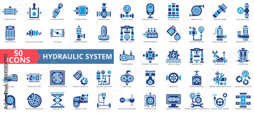 Hydraulic systemicon set flat style collection. Containing pump, fluid, cylinder, motor, valve, pressure gauge, accumulator, flow control, fittings, flow control.