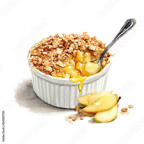 Watercolor art of pear crumble with oat topping