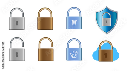 Security Padlock Icon Set – Metal Locks with Fingerprint, Wireless, Cloud, and Shield Designs for Cybersecurity, Data Protection, and Privacy