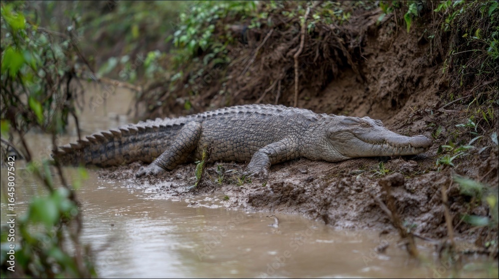 Fototapeta premium Gray crocodile on muddy riverbank