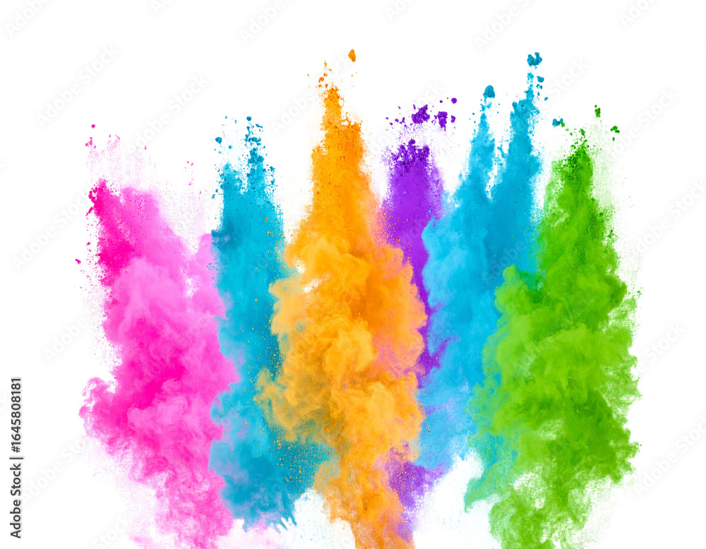 Obraz premium Rainbow Colored Powder Plume Rising Upwards with Fine Dust, Isolated.