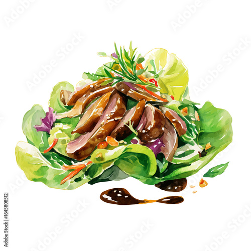 Peking Duck Salad in watercolor style, vector illustration, isolated on white background.