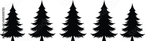 Black pine tree silhouettes, evergreen conifer forest design, Christmas holiday decoration elements, winter nature vector illustration, woodland landscape graphic art