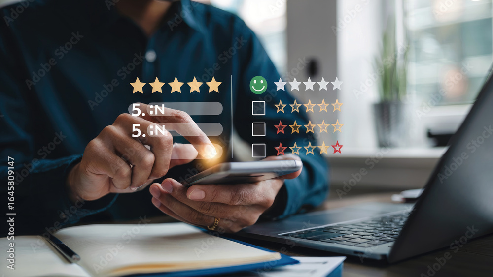 Fototapeta premium Modern professional digitally rating customer satisfaction with stars and smiley face on smartphone