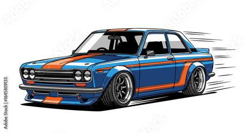 Blue Orange Vintage Sports Car Pixel Art Illustration