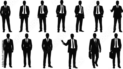 Businessman silhouette vector collection, corporate men in suits, professional poses, formal attire illustration, office worker design, black isolated characters