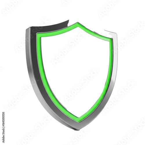 A sleek, modern metallic shield icon with a vibrant neon green inner outline, symbolizing digital security, robust protection, and abstract defense against threats.
