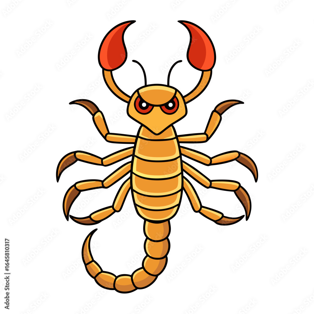 Obraz premium Cartoon scorpion with red claws and angry eyes on white background