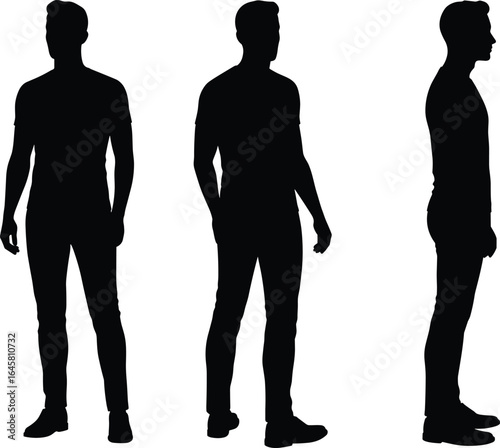 Wallpaper Mural Silhouette of a man in three different poses, front view, angled pose, side profile, male figure, casual stance, black vector, isolated on white background Torontodigital.ca
