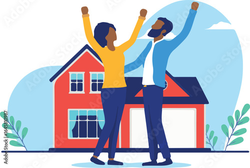 Buying first home - Interracial couple purchasing their first house celebrating and being happy. Flat design vector illustration with white background