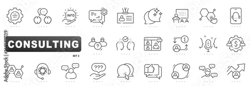 Consulting icon set illustrating business strategy, communication, teamwork, coaching, webinar, support, analysis, workflow, ROI, growth, outline, editable stroke, management vector