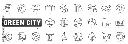 Green city line icons for sustainability, net zero, renewable energy, recycling, efficiency, eco buildings, smart grid, battery storage, editable stroke