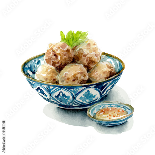 Bakso, watercolor painting, vector illustration, isolated on a white background.