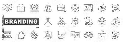 Branding line icons covering logo identity, strategy, marketing, advertising, target audience, campaign launch, loyalty, reputation, awards; clean outline, editable stroke