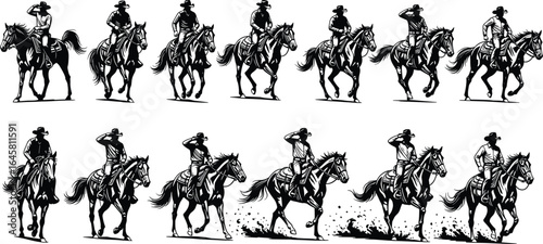 Cowboy riding horse silhouette vector collection, western rider illustration, rodeo style artwork, wild west clipart, black cowboy figure, equestrian design
