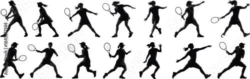 Female tennis player silhouette vector set, dynamic sport action poses, tennis racket movements, athletic woman illustrations, fitness training, tennis match gameplay icons