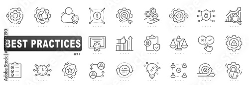 Best practices outline icons for standards, compliance, quality, workflow optimization, security, audit, checklist, certification, teamwork, strategy; clean vector, editable stroke