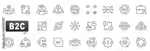 Clean B2C outline icons for consumer ecommerce marketing, showing customer journey, conversion funnel, loyalty, analytics, logistics, mobile app, editable stroke