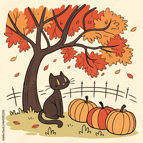 A cartoon illustration of a black cat sitting under a tree with pumpkins and a fence in autumn scene