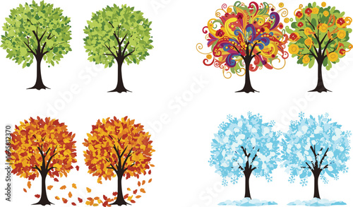 Four season trees illustration, spring summer autumn winter nature design, colorful foliage changes, decorative seasonal artwork, vector graphic, botanical landscape illustration