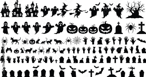 Halloween silhouette bundle, haunted house, ghost icon, witch figure, pumpkin face, spooky bat, eerie cat, graveyard scene, festive clipart, vector design
