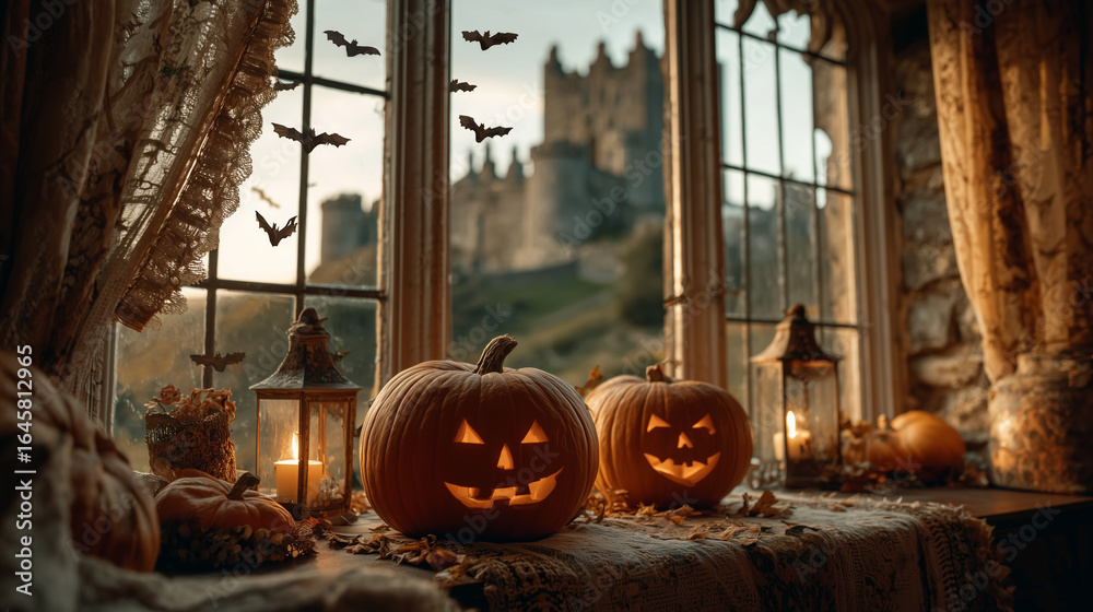 Fototapeta premium Halloween pumpkins and bats decorating a window with castle view