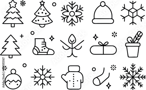 Christmas and Winter Holiday Line Art Icon Set