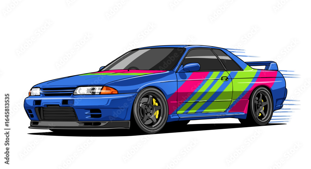 Fototapeta premium Pixelated Retro Sports Coupe with Vivid Stripes