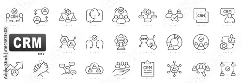 CRM line icons for customer relationship management, sales pipeline, marketing automation, analytics dashboards, support, retention, teamwork, approval, growth; editable stroke