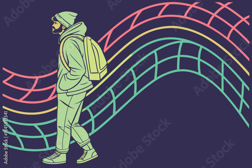 Illustration of a man with a backpack walking against a colorful abstract wave background design art