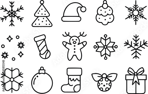 Christmas  icon and Winter Holiday Line Art Icon Set