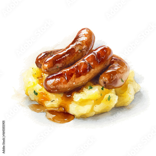 Bangers And Mash in watercolor style, vector illustration, isolated on white background.