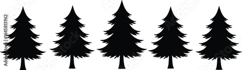 Pine tree silhouettes, evergreen conifer forest vector set, black Christmas tree icons, nature woodland design, winter holiday decoration elements