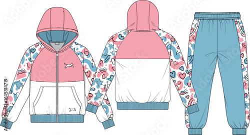 Illustrated tracksuit with a pink hooded jacket and blue pants with hearts and stars pattern on sleeves