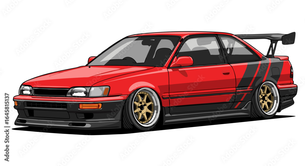 Obraz premium Red Sports Car With Gold Wheels And Black Stripe Pixel Art Style Illustration