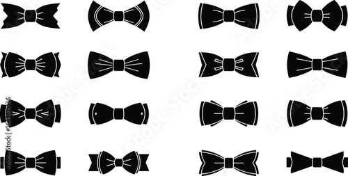 Set of black bow tie silhouettes, vector illustrations of various formal bow ties, fashion accessory icons, stylish neckwear designs for digital projects and branding