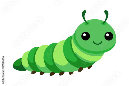 Cute cartoon green caterpillar with a happy face and antennae