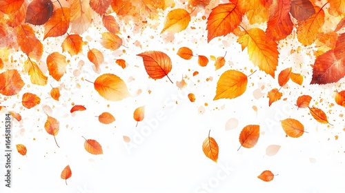 Falling autumn leaves in warm orange and red hues against a white background, creating a vibrant seasonal design