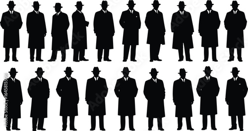 Set of black silhouettes of men wearing coats and hats, vintage style figures, formal male fashion icons, retro gentleman poses, vector illustrations
