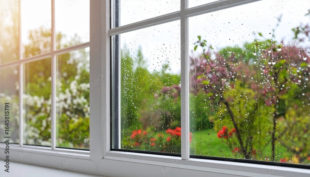 Fototapeta premium Raindrops on Window with Garden View Soft Sunlight and Blooming Flowers.
