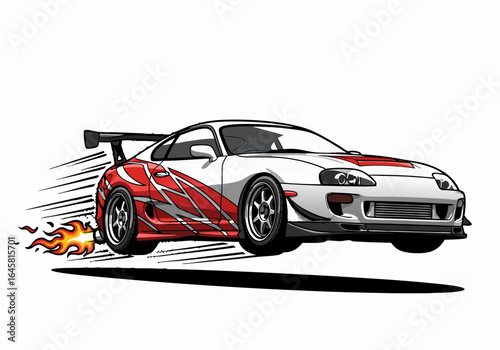 White And Red Pixel Art Sports Car Drifting Illustration