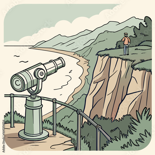 A scenic overlook with a telescope on a cliffside, a man standing at the edge enjoying the ocean view, calm scene