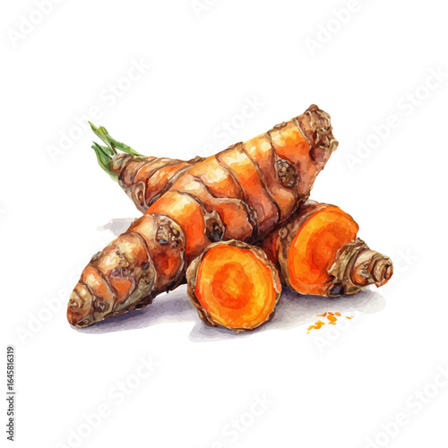 Turmeric Root in watercolor style, vector illustration, isolated on white background.
