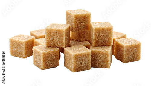 Closeup macro of a stack of brown sugar cubes isolated on a white background