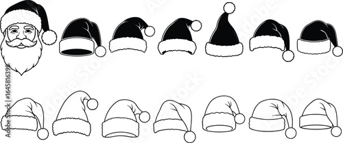 Set of Santa Claus hats and head illustration, Christmas winter holiday hats collection, festive costume accessories vector, seasonal celebration designs, black and white icons