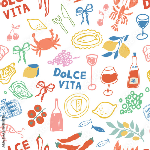 La Dolce Vita seamless pattern. Vector Italian summer food, sardines, picnic, lobster. tomatoes, vine. Cute hand drawn food wrap, Mediterranean kitchen wallpaper, textile design, print, background
